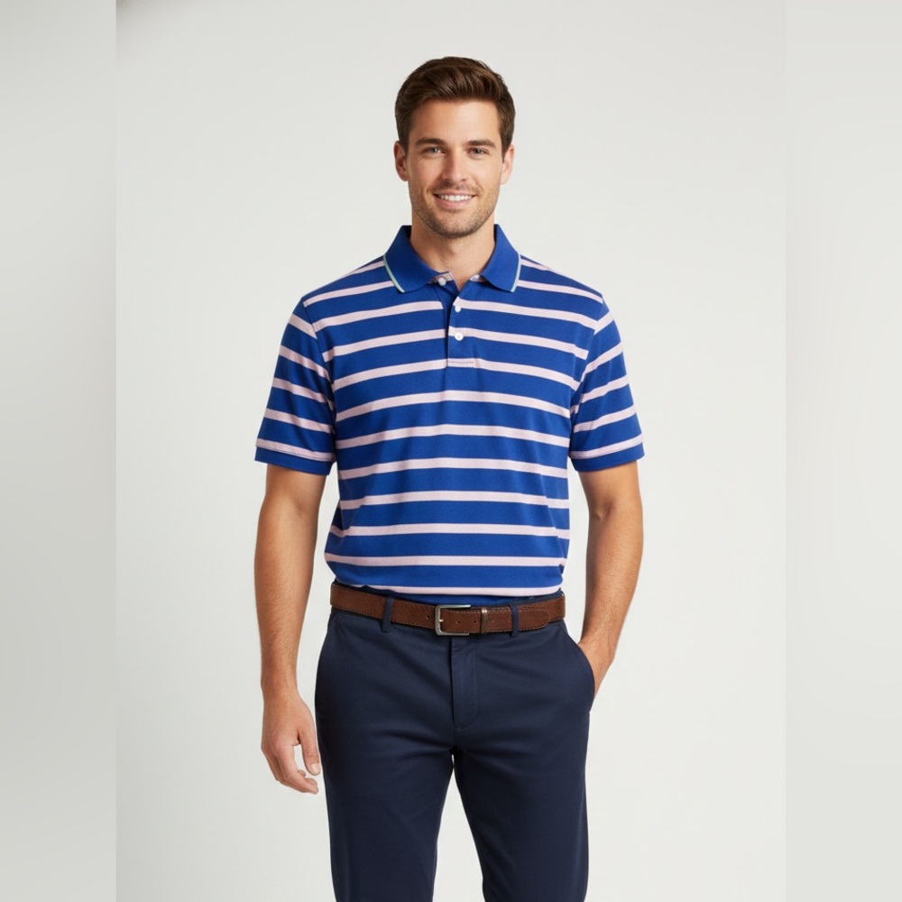 Brooks Brothers Polo Shirt Mens Large L Blue Striped Short Sleeve Stretch Golf